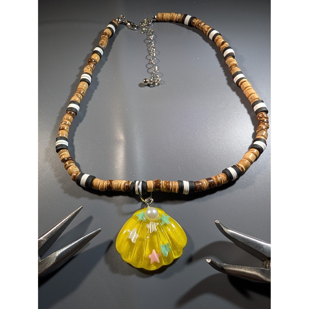 Handmade Yellow Seashell Pendant Necklace Wood Heishi Bead Beach Jewelry 15-18in